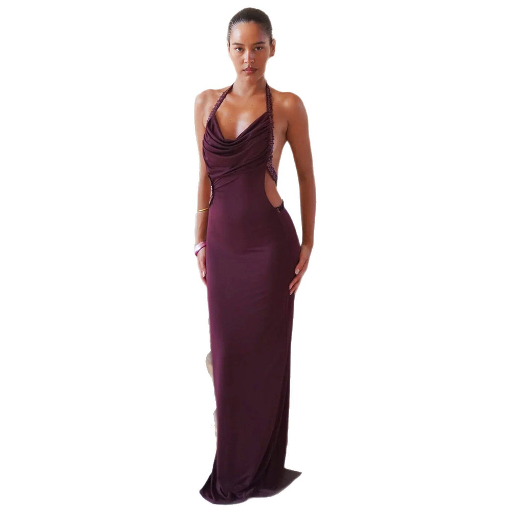 Women's foreign trade summer  new style halter neck sleeveless sexy maxi dress - ruched, slim-fit, open back, bodycon dress