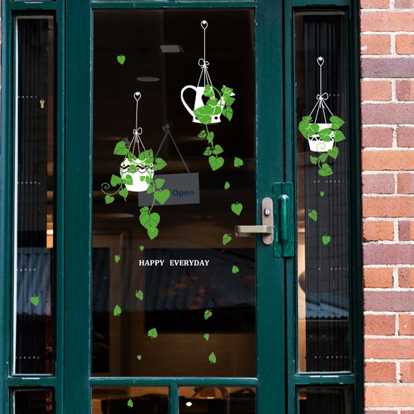 New hanging basket potted plants green plants sticker shop glass door window sticker cafe decorative wall sticker SK9343ds
