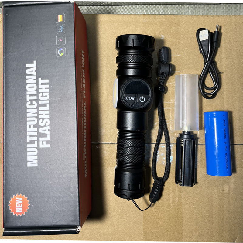 Cross-border white laser strong light flashlight Type-C charging screen display strong magnetic COB side light double switch LED flashlight