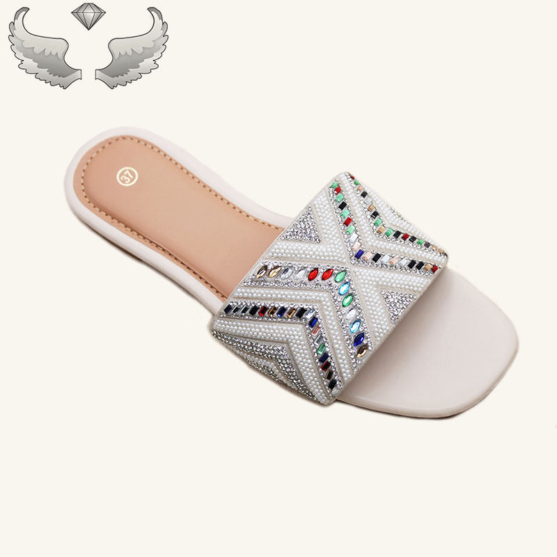 High-quality ladies slippers  ladies shoes fashion flash diamond flat sandals handmade shoes