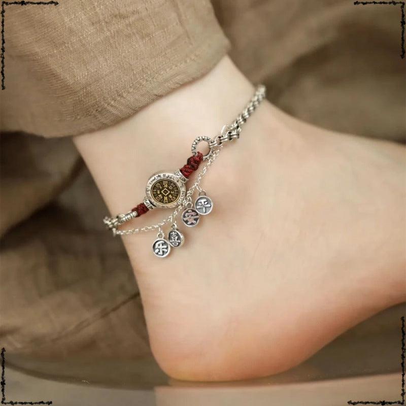 Step by step, safe step by step, happy mountain ghost spends money, red rope anklet, women's retro fringed pendant, copper coin ankle chain
