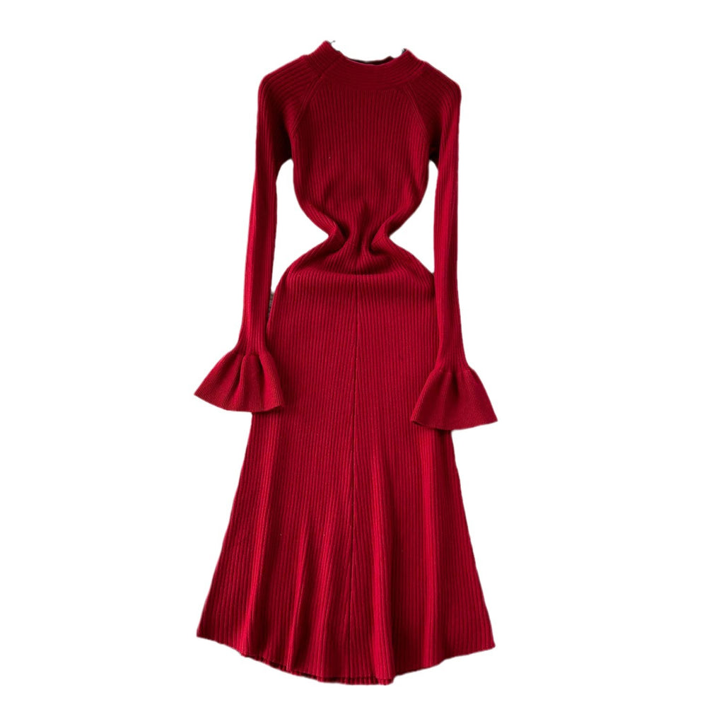 Autumn/winter soft & chic: women's knitted dress - designer cutout, cinched waist, flared sleeves, elegant knit dress