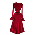 Autumn/winter soft & chic: women's knitted dress - designer cutout, cinched waist, flared sleeves, elegant knit dress
