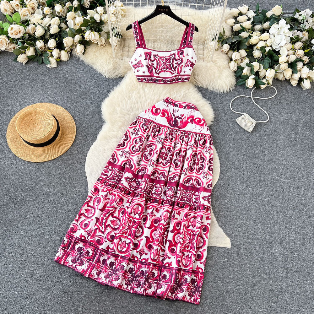 European and american style blue and white porcelain print set - women's summer lingerie: cropped cami top + high-waisted midi skirt