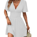 Summer new arrival: deep v-neck ruffle sleeve solid color shirred dress
