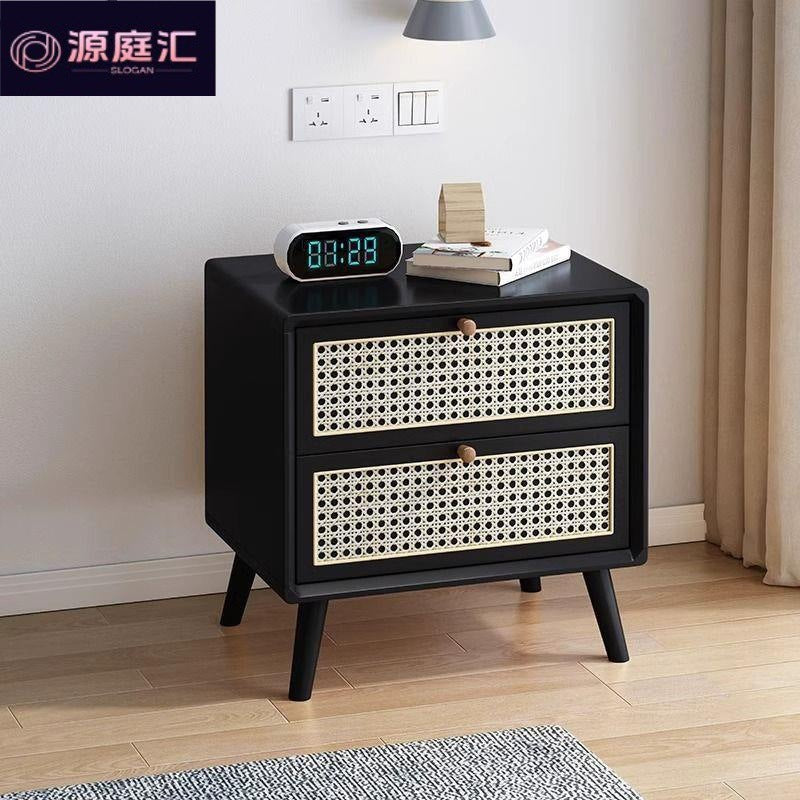 Rattan bedside table wooden cherry color walnut color log color scandinaviancasual style mini solid wood storage cabinet