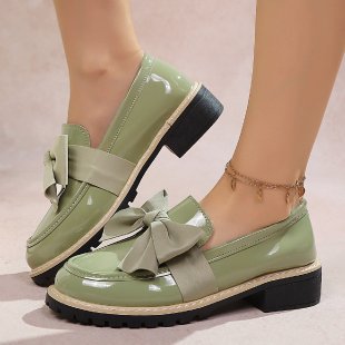 bow loafers for women  foreign trade thick sole medium heel british style retro small leather shoes for women size difference 0.5