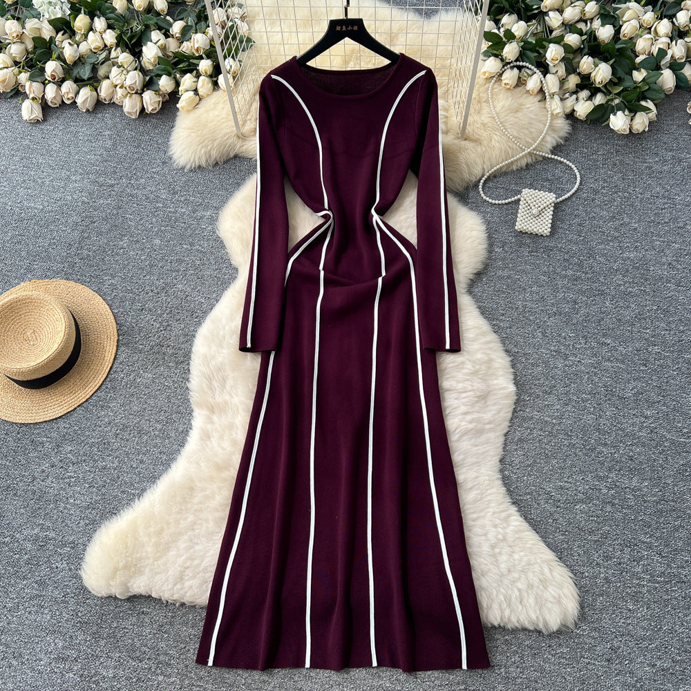 Frenchclassy niche stylefashioncontrast color side patchwork waist round neck long sleevessweaterdress women's slimming look long skirt