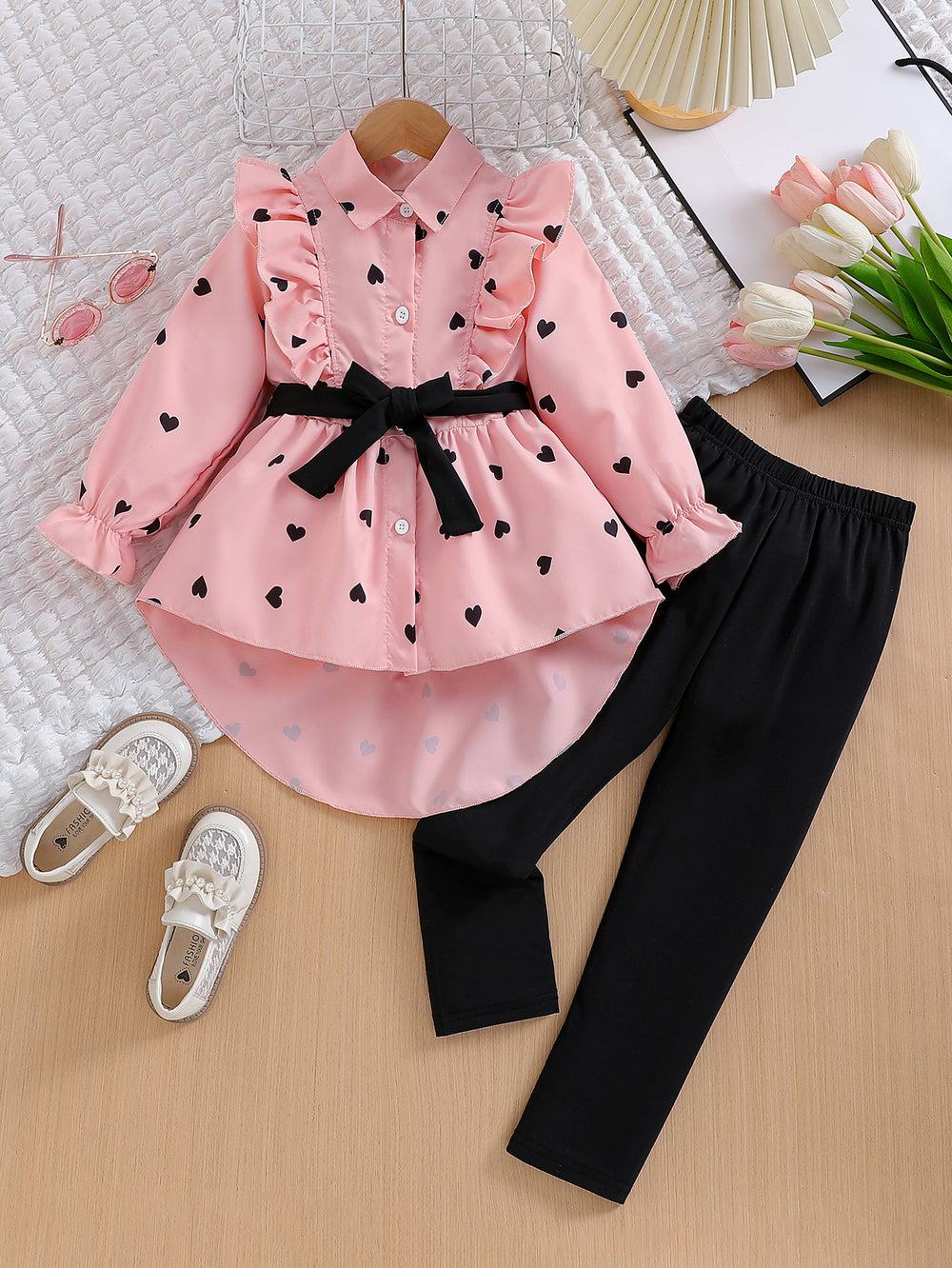 children's wear cross-border autumn new arrivals: girls' fashionable longline shirt dress with belt and leggings set
