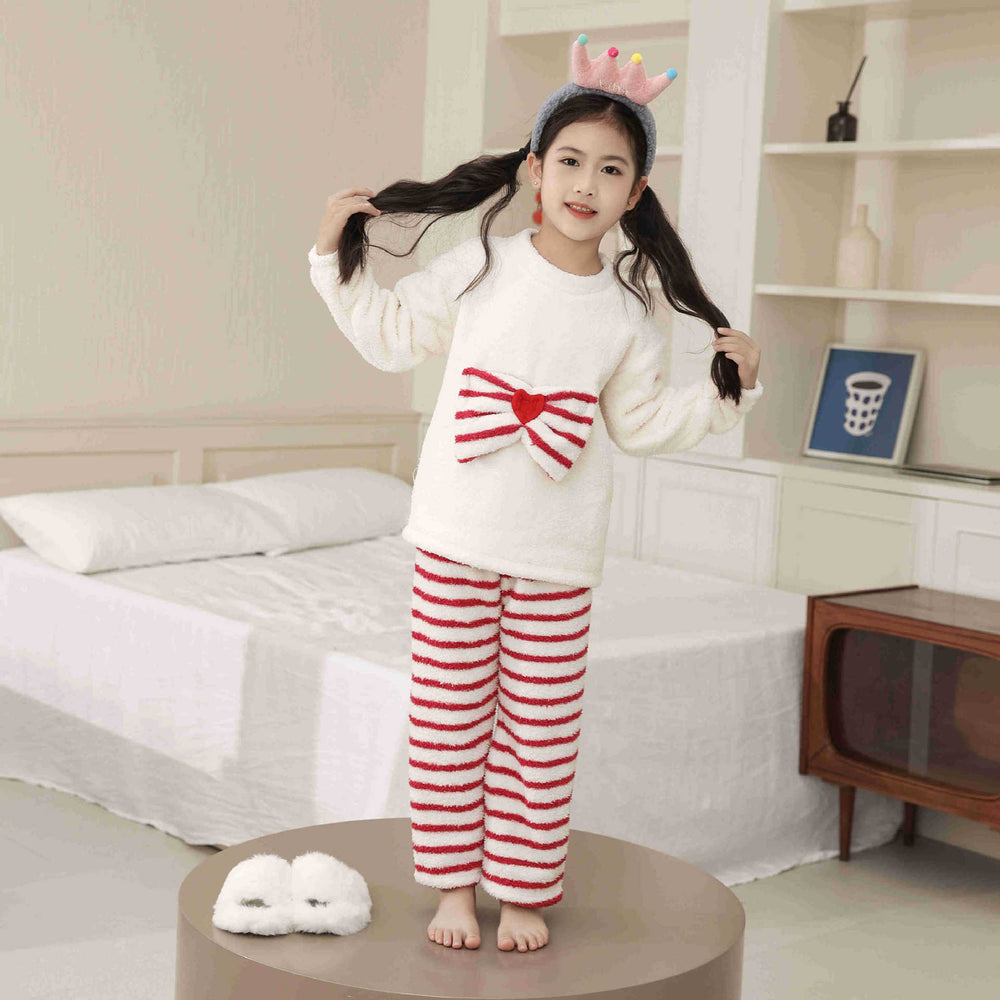 Girls' sweet bowknot pajama set for toddlers and big kids - new autumn/winter warm half-fleece loungewear