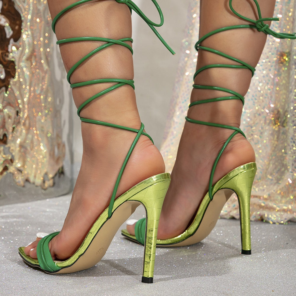 Huizhou amazon women's green high heel sandals party fashion stiletto pointed toe lace-up strappy heels
