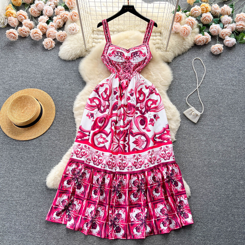 Ethnic style waist slimming lookelegant suspender dress summer women's clothing classy sense printing beautiful a-line long skirt