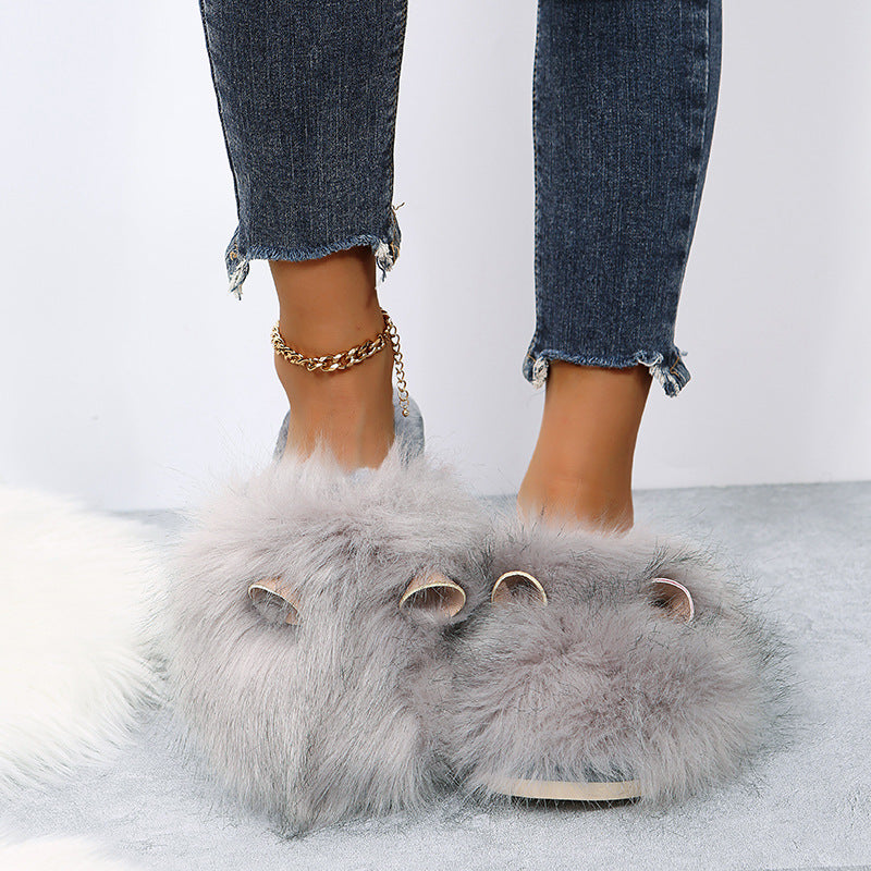 cute fur slippers for women 2024fall and winternew arrivalplus sizefleece-lined cotton slippers heattech toe-cap half slippers