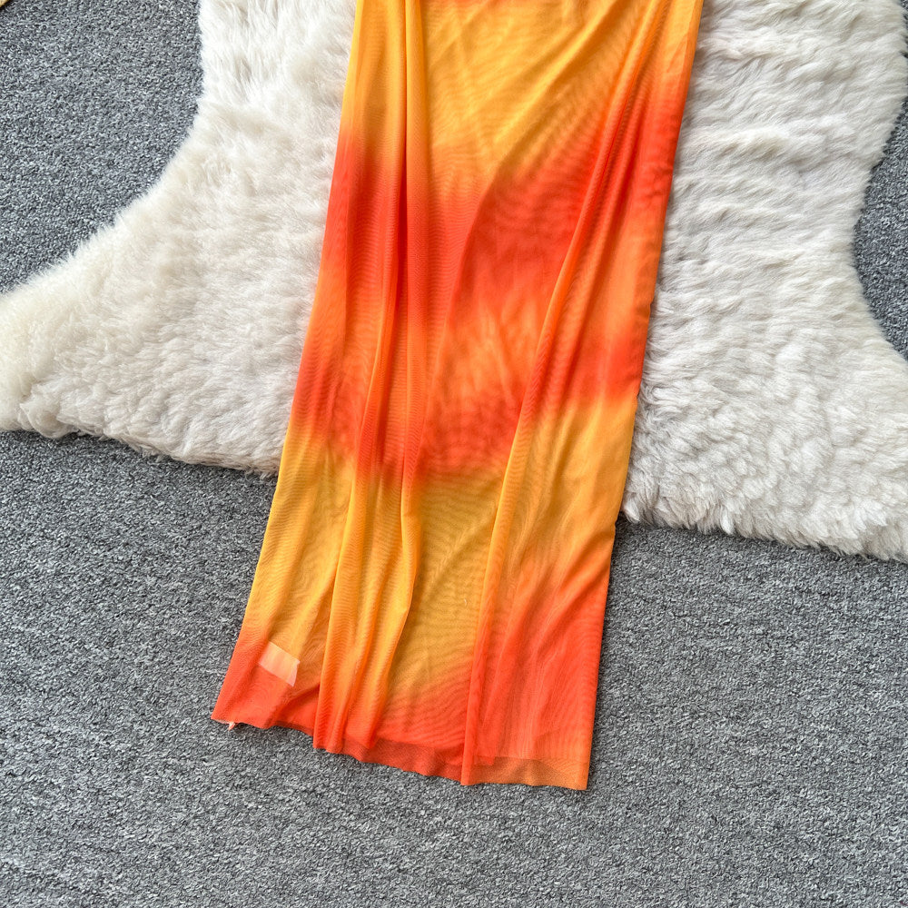 Vacation style v neck pure lust style suspender dress women's summer k-style orange gradient mesh long skirt classy sense of slimming look