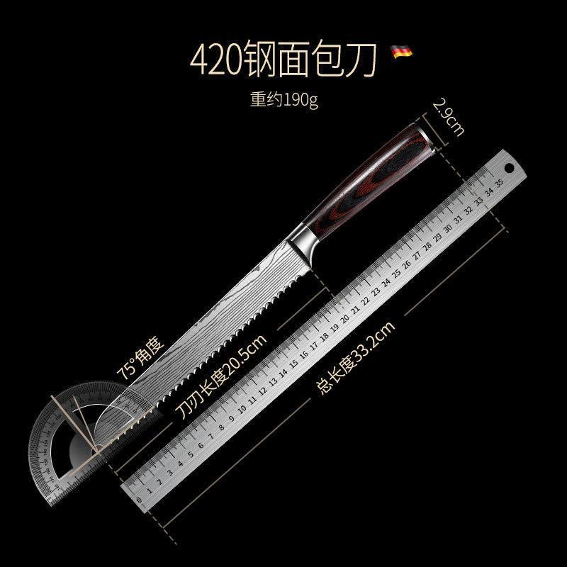 420 stainless steel kitchen bread knife sawtooth knife laser pattern chef slicing knife solid wood non-slip knife meat cutter