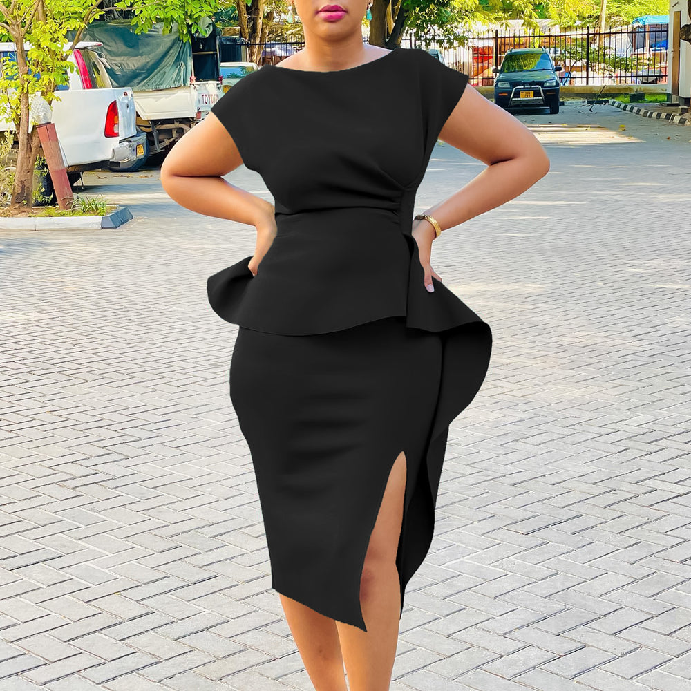 Q092  foreign trade women's v-neck solid color bodycon dress with ruffle hem and slit - professional european and american style