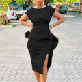 Q092  foreign trade women's v-neck solid color bodycon dress with ruffle hem and slit - professional european and american style