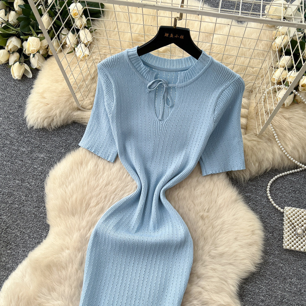 Korean style knitted hollow-out breathable dress - women's summer short sleeve, slim fit a-line maxi dress - mature & elegant style for work and casual wear