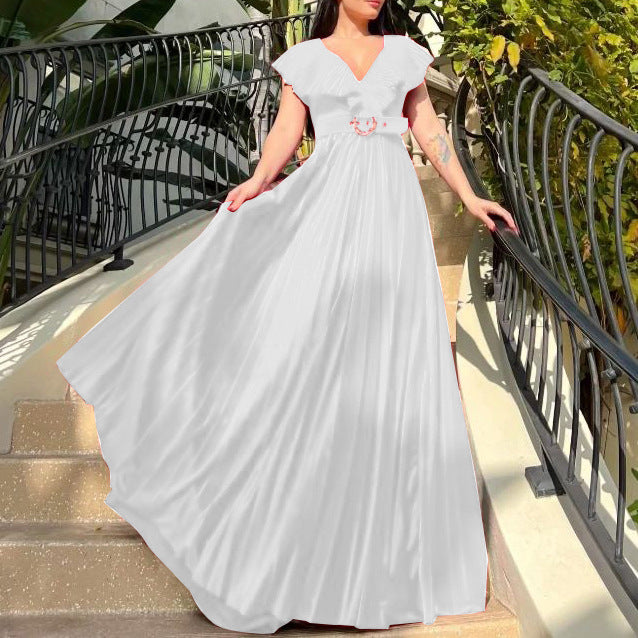 D3159p belted plus size women's v-neck solid color pleated ruffle hem maxi dress - european & american style - wholesale dress