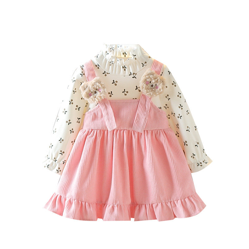 Girls' spring/autumn outfit set,  new korean style, kids' corduroy suspender skirt with matching top, faux two-piece set for little girls