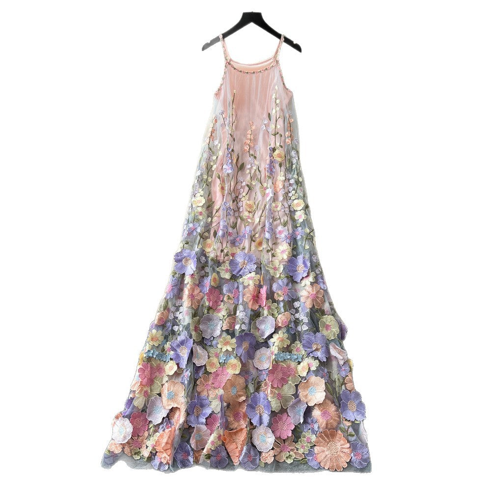 Super fairy stereo flower embroider mesh dress female summer sleeveless a-line elegant long skirt slimming look beautiful dress