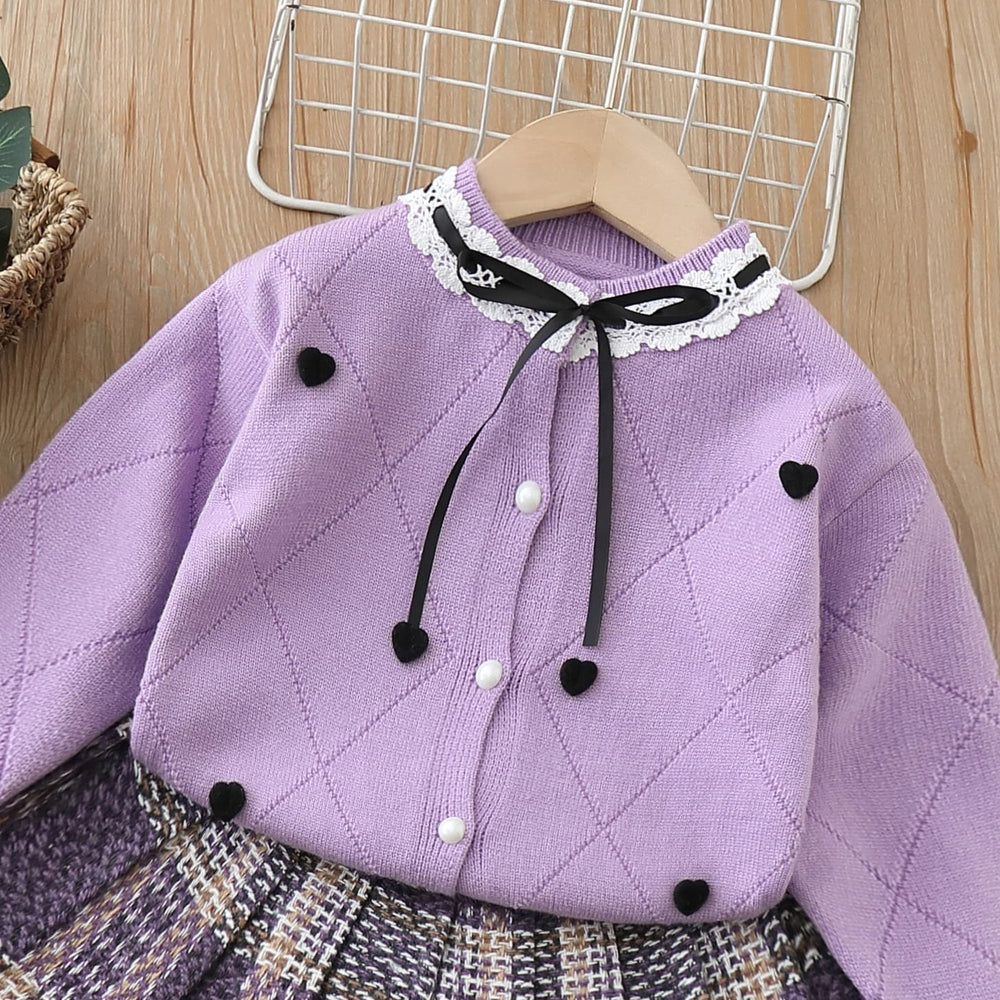 Girls' knit sweater set -  new heart knit sweater korean style tie-up bow soft cardigan two-piece set