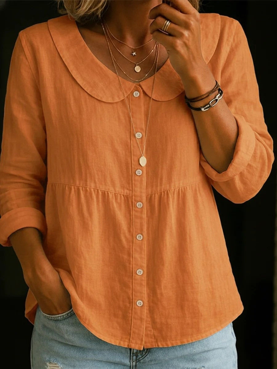 summer new european and american style pan collar linen cotton solid color shirt - women's loose fit, slimming, long sleeve, casual and versatile top