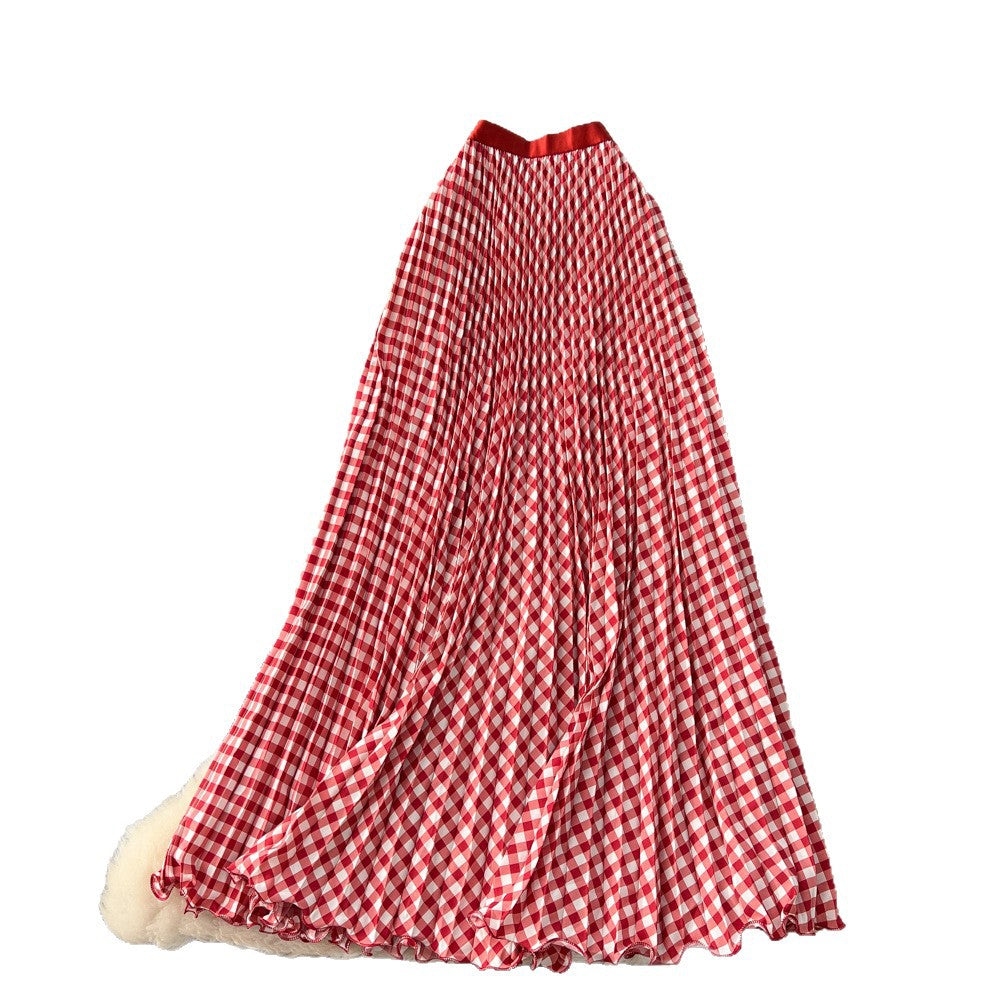 new arrivalgrids pattern patchwork a-line skirt women's high waistslimming lookelegantpleated long skirtwork clothinggrids skirt