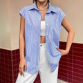 Pre-sale 53162#  cross-border women's fashion ins versatile casual silm detachable sleeve stripesd shirt