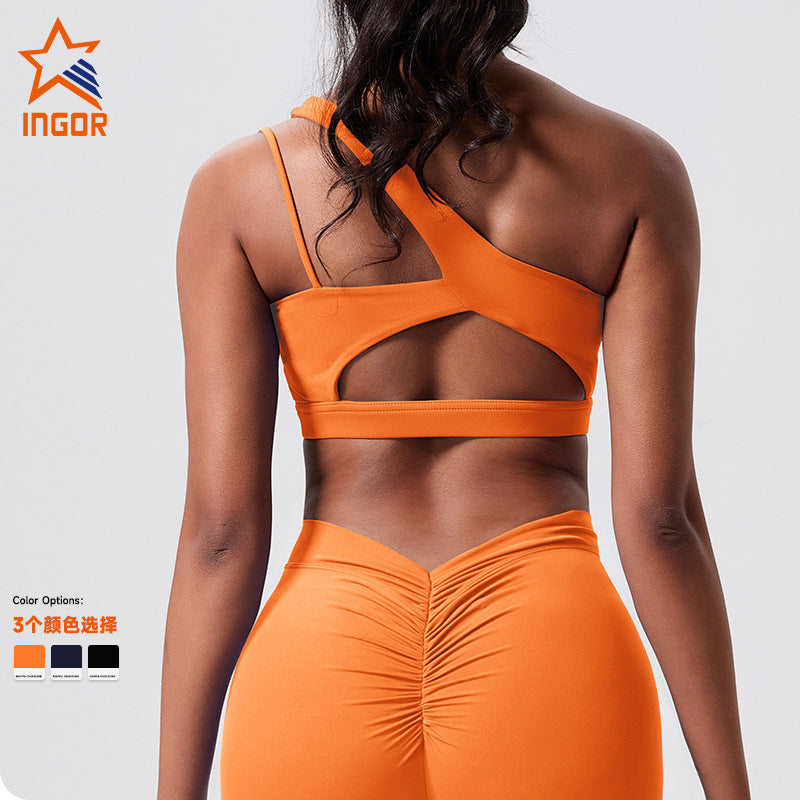 European and american outdoor running fitness backless sports bra single shoulder pilates yoga bra elastic sports underwear for women