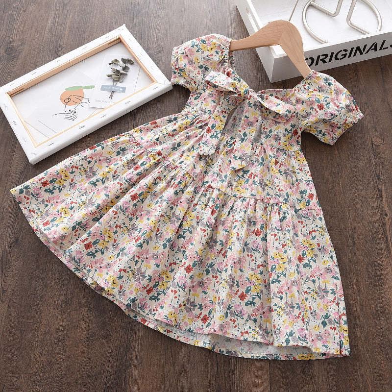summerk-stylegirl floral skirt square collar puff sleeves back tie backdress children's clothing one piece dropshipping