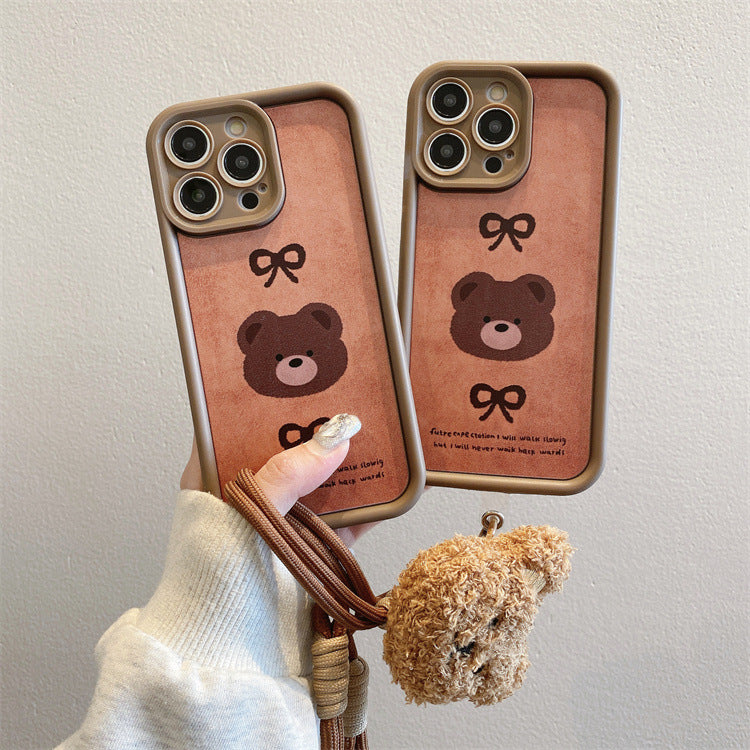 Autumn and winter high bamboo suitable for iphone18pro plaid bear mobile phone case apple 17/15 bear lanyard protective cover