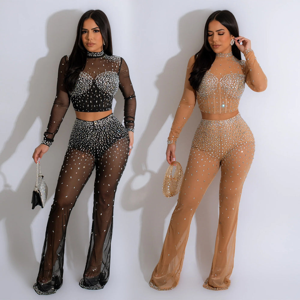 C6799 cross-border   fashion women's solid color mesh rhinestone long sleeve top and pants two-piece set