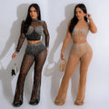 C6799 cross-border   fashion women's solid color mesh rhinestone long sleeve top and pants two-piece set