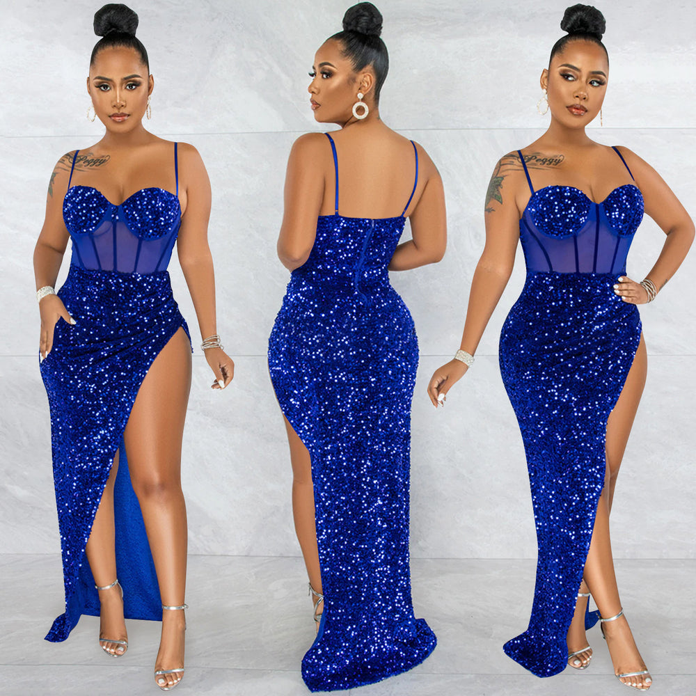 X5843   fashion fashion sling beads mesh see-through irregular slit dress for women
