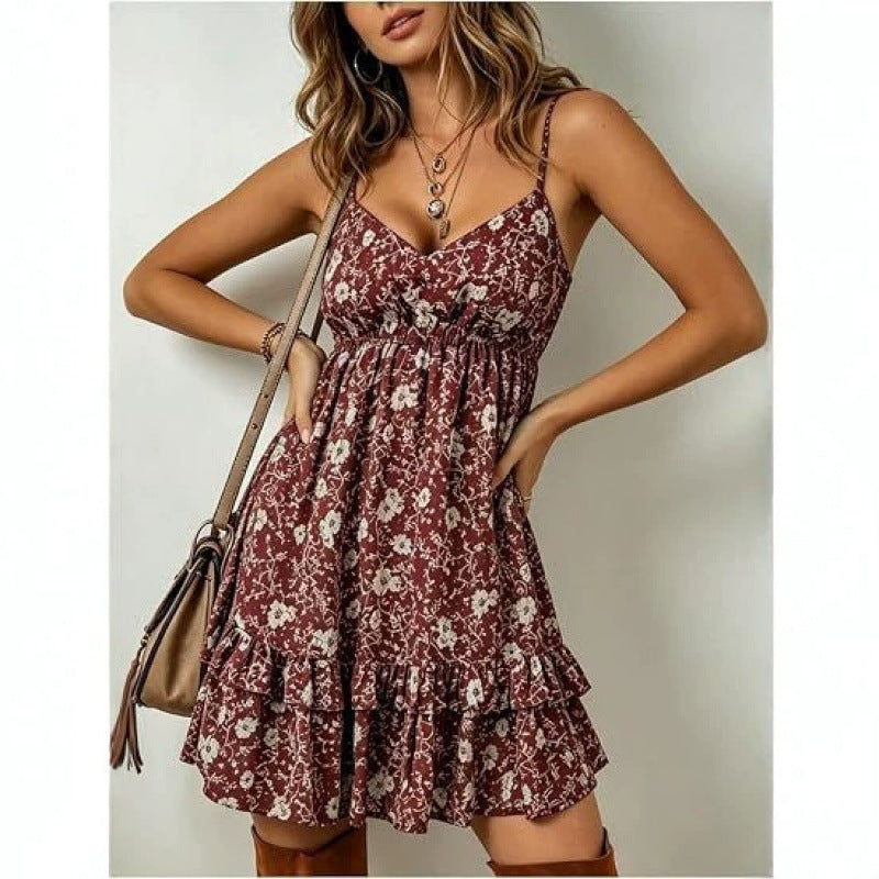 hot & spicy style  summer floral v-neck high-end spaghetti strap design short dress for women
