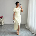 fashionsummernew arrival off-white oblique shoulder twist dress waist slit elegant mid-length dress