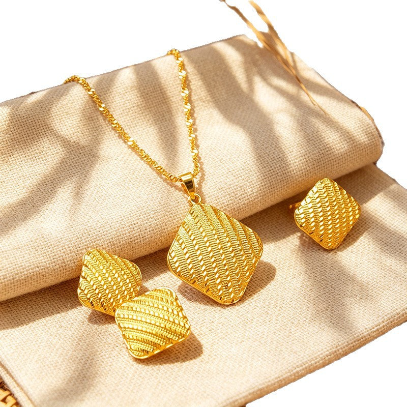 Middle eastern dubai jewelry set - square necklace, earrings, and ring - bridal jewelry three-piece set