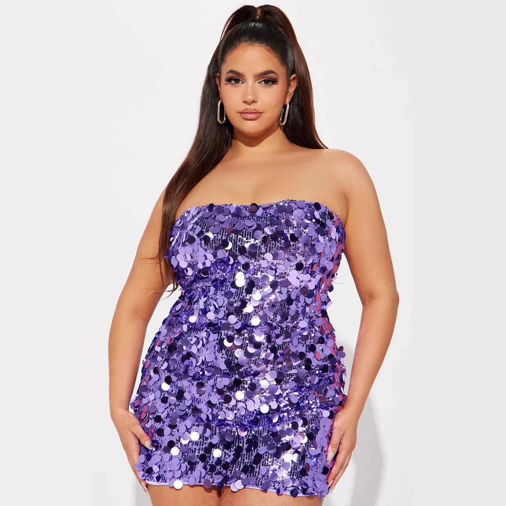 European and american cross-border women's fashion:  autumn hot-selling solid color sleeveless bandeau off-shoulder sexy sequin bodycon dress