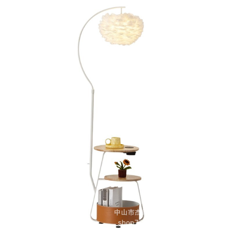 Cream style double layer storage fishing floor lamp gentle white feather lampshade living room sofa side lamp