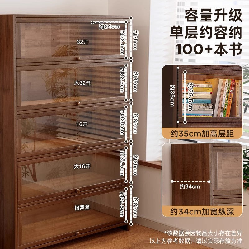 Solid wood dust-proof bookcase integrated against the wall Walnut color storage cabinet Locker Floor storage cabinet Household bookshelf