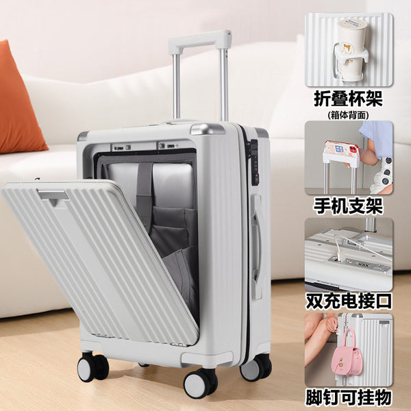 Multifunctional Student Luggage Front Opening Large Capacity Boarding Case with Cup Holder Leisure Travel Aluminum Frame Case