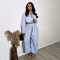 European and american cross-border women's fashion:  summer new arrival - stylish blue and white striped shirt, camisole, and jogger pants three-piece set