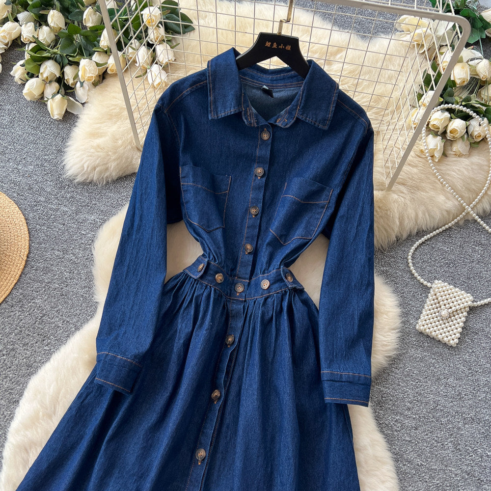 Commuting denim style lapel long sleevesdress women's summerk-style waist slimming look a-line skirt classyelegant skirt
