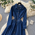 Commuting denim style lapel long sleevesdress women's summerk-style waist slimming look a-line skirt classyelegant skirt
