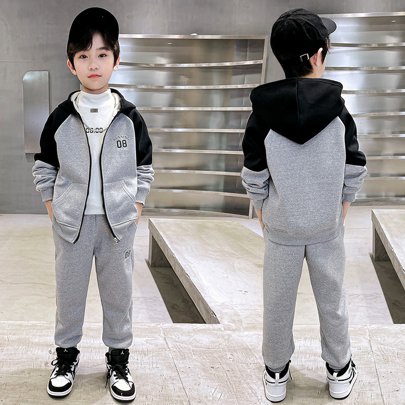 Boys' fall outfit set:  new fleece-lined trendy & stylish kids' autumn/spring tracksuit for older boys