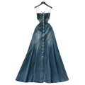 Frenchretroclassy square collar halter suspender single breasted denim dress female pure lust hot girl backless long skirt