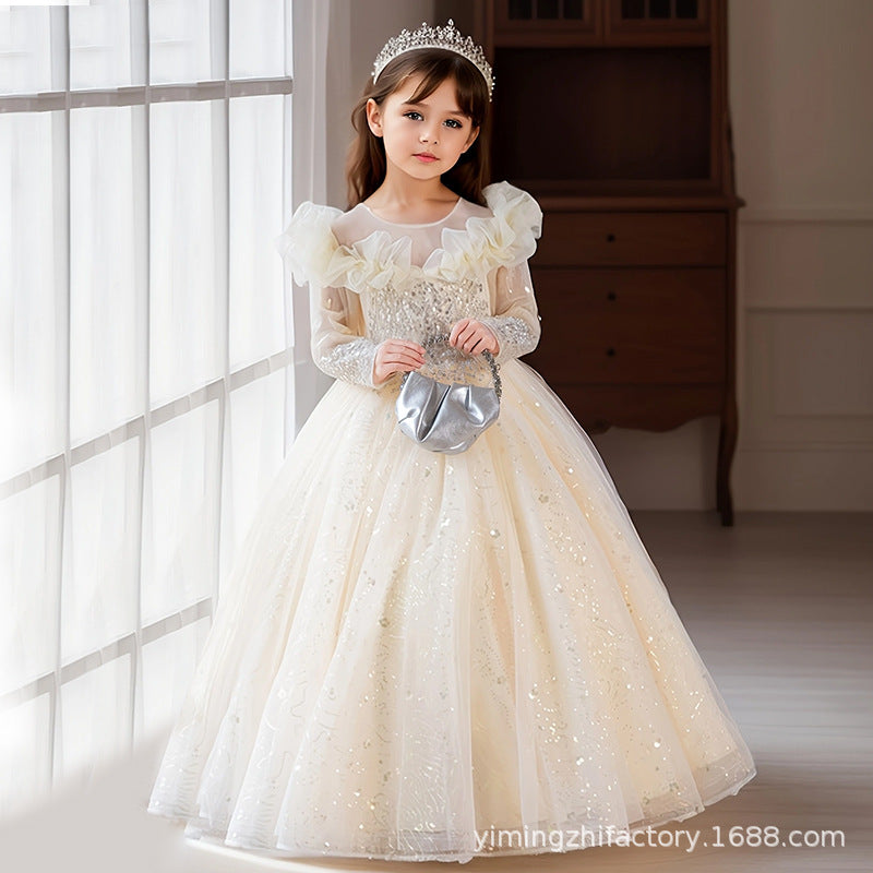 Amazon cross-border girls' evening dress, european and american style white flower girl wedding dress, high-end mesh birthday princess dress, banquet dress