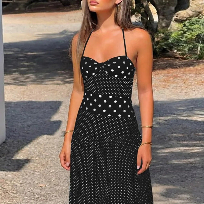 summer new women's fashion: cross-border european and american sexy halter polka dot ruched waist maxi dress