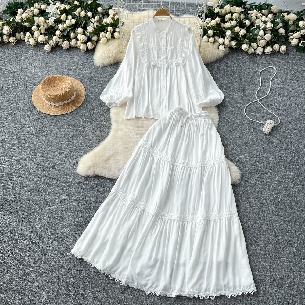 French chic outfit: women's vintage court style lace trimmed lantern sleeve single-breasted blouse with high-waisted flared midi skirt